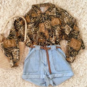 Vintage Aztec Bohemian Button Up Top- 100% Silk